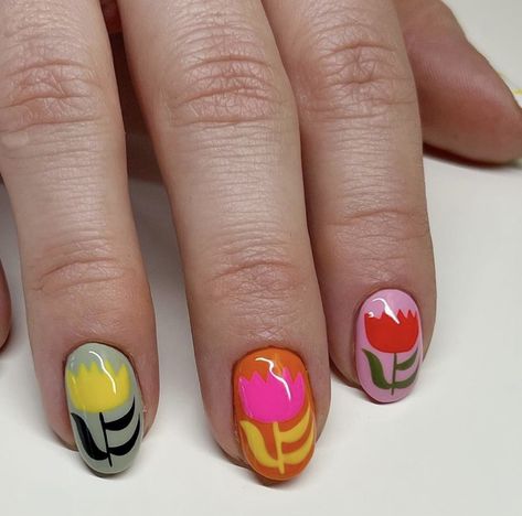 Twee Aesthetic Nails, Funky Flower Nails, Short Funky Nail Ideas, Folk Nail Art, Colourful Tips Nails, Swedish Nails, Sapphic Nails, Matisse Nails, Mcm Nails