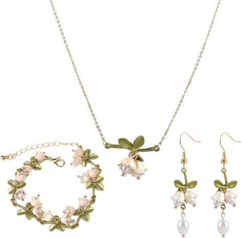 Amazon.com: Cualque 3Pcs Set Lily of the Valley Necklace and Earring Bracelet Green Paint Leaves and Freshwater Pearl Necklace Gift for Women Mom Friends Bride: Clothing, Shoes & Jewelry Paint Leaves, Bride Clothing, Lily Jewelry, Lily Necklace, Mom Friends, Valley Flowers, Jewellery Design Sketches, Freshwater Pearl Necklace, Painted Leaves