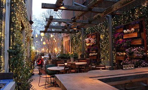 This is the outdoor seating area for a nearby restaurant. Beer Garden Design, Beer Garden Ideas, Patio Restaurant, Outdoor Restaurant Patio, Chair Restaurant, Restaurant Outdoor, Rooftop Dining, Rooftop Gardens, Cafe Seating