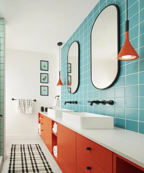 Narrow Bathroom Designs, Orange Cabinets, Blue Tile Wall, Orange Bathrooms, Narrow Bathroom, Blue Bathroom, Bathroom Colors, Kids' Bathroom, Bathroom Inspiration