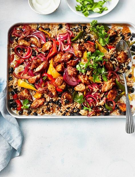 25th June, 2019. Fajita chicken traybake recipe | Sainsbury's Magazine Traybake Dinner, Chicken Traybake, Fajita Mix, Fajita Spices, Sainsburys Recipes, Fajita Chicken, Chicken Tray Bake, Tray Bake Recipes, Tray Bake