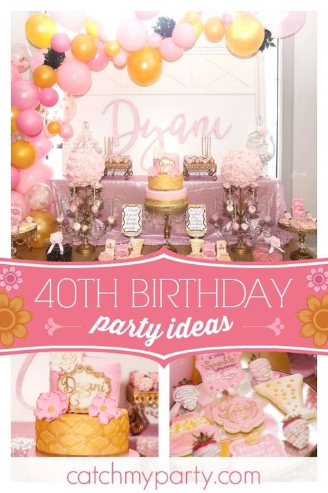 Don't miss this forty shades of fabulous 40th birthday party! The dessert table and balloon garland are gorgeous!! See more party ideas and share yours at CatchMyParty.com #catchmyparty #partyideas #40thbirthdayparty Dessert Table Ideas 40th Birthday, Pretty In Pink 40th Birthday Party, Girls 40th Birthday Ideas, 40th Birthday Party Food, 40th Birthday Cake For Women, Birthday Cupcakes For Women, 40th Birthday Party Themes, 40th Birthday Cupcakes, Pink Birthday Theme