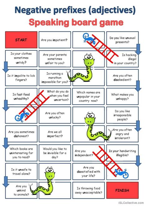 The following board game will help your students learn the prefixes forming negative adjectives and practise them in speaking. <br /><br /> They may work in pairs or groups. Activities For Kids Outside, Negative Adjectives, Prefix Games, Esl Board Games, Outside Ideas, Personality Adjectives, Speaking Games, Free Printables For Kids, Grammar Games