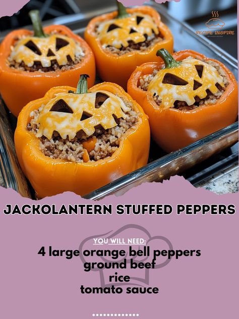 🎃🌶️ Spice up your Halloween with these adorable Jack-o'-Lantern Stuffed Peppers! A fun and tasty treat for the whole family! 🎃🌶️ 📌 Jack-o'-Lantern Stuffed Peppers Ingredients: - 4 large orange bell peppers - 1 lb ground beef - 1 cup cooked rice - 1 cup tomato sauce - 1 tsp garlic powder - 1 tsp onion powder - 1 tsp paprika - Salt and pepper to taste - Shredded cheese for topping Instructions: 1. Preheat oven to 375°F. 2. Cut the tops off the bell peppers and remove seeds. 3. In a skillet, ... Halloween Stuffed Peppers, Cozy Fall Recipes, Ground Beef Rice, Bell Pepper Recipes, Halloween Appetizers, Cooked Rice, Beef And Rice, Festive Drinks, Hearty Soups