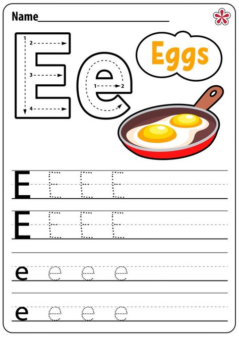 This worksheet instructs students on the proper way to write both the uppercase and lowercase version of the letter E, then has them practice it below via tracing it and then making their own versions as well. Kindergarten Letter E Activities, Letter E Activity For Preschoolers, E Activities For Preschool, E For Egg, Letter E Worksheet, Letter E Tracing, E Worksheet, Letter E Activities, Letter E Craft