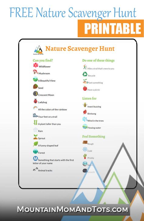 March Into Nature - Monthly Outdoor Challenge - Spring - Nature Activities for Kids - Scavenger Hunt - Toddlers Nature Play - Nature Printable #MountainMomTots Mountain Scavenger Hunt, Ahg Crafts, Classroom Campout, Nature Walk Scavenger Hunt Preschool, Nature Trail Scavenger Hunt For Kids, Nature Walk Scavenger Hunt Printable, Wilderness Therapy, Nature Photo Scavenger Hunt, Nature Activities For Kids