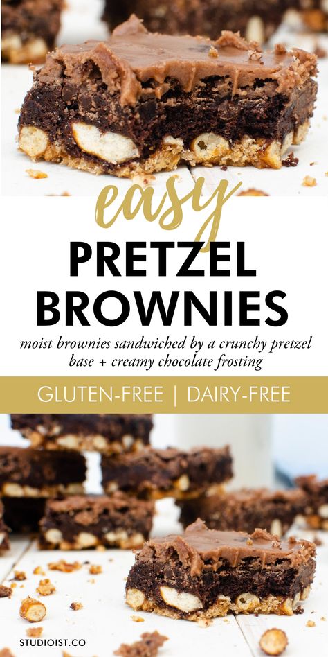 Dairy Free Pretzel Dessert, Brownie Pretzel Dessert, Gluten Free Pretzel Dessert, Pretzel Brownies, Creamy Chocolate Frosting, Pretzel Desserts, Moist Brownies, Dairy Free Brownies, Healthy Dessert Recipes Easy