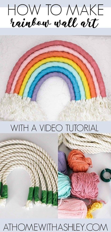 easy DIY- how ot make a rainbow wall hanging out of rope. This fiber art is the perfect statement art in a home. It would look so cute in a playroom, nursery, or little girl's room. You can add any colors you like plus this craft project adds a lot of textrue with the macrame details. Click through for tips on how to make this plus a video tutorial Rainbow Wall Hanging Diy, Diy Wall Hanging Crafts, Make A Rainbow, Rainbow Diy, Playroom Nursery, Diy Wand, Macrame Wall Hanging Diy, Rainbow Wall Hanging, Diy Rainbow