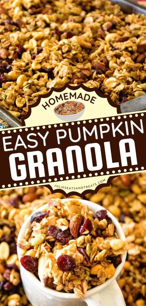 Pumpkin Granola, best fall recipes, pumpkin recipes Pumpkin Spice Granola Recipe, Pumpkin Granola Recipe, Crunchy Oats, Low Sugar Granola, Pumpkin Spice Granola, Pumpkin Granola, Easy Homemade Granola, Salty Sweet Snacks, Healthy Granola Bars