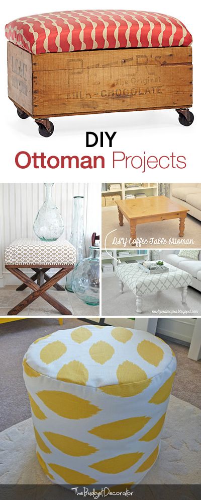 DIY Ottoman Projects • Tutorials and ideas! Foot Stools Diy, Foot Stool Ideas, Wine Crate Ottoman, Footstool Diy, Ottoman Ideas, Diy Footstool, Crate Ottoman, Ottoman Diy, Diy Ottoman