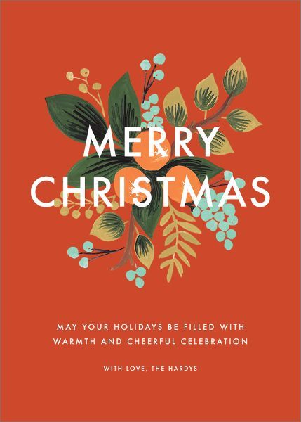 This Rifle Paper Co. for Paperless Post design features gorgeous flower ornamentation. Choose between a card that says "Merry Christmas" or "Happy Holidays" and add your own personalized message. See photo options for the back of this card!Corresponding Paperless Post digital design also available.Printed on Mohawk ultra white 120 lb. card stock that is soft to the touch and matches our superfine white envelopes. Paper is FSC certified and made using wind power. More Colors AvailableRifle Paper Company Holiday Cards, Corporate Holiday Cards, Christmas Graphic Design, Business Holiday Cards, Orange Christmas, Happy Holiday Cards, Paperless Post, Holiday Design Card, Christmas Graphics