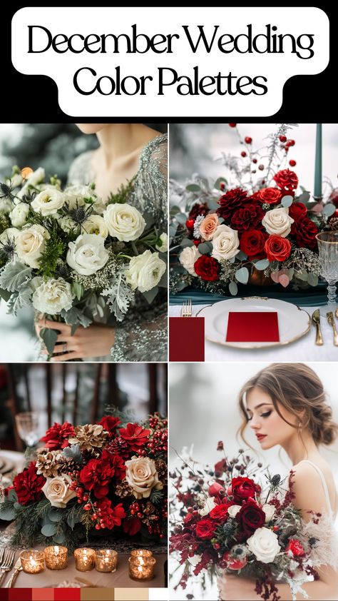 Elegant December wedding color palettes for a winter celebration. Ruby Wedding Theme, December Wedding Color Palette, December Wedding Ideas Color Combos, Deep Red Wedding Theme, Wedding Pallet Ideas Colour Schemes, Christmas Wedding Ideas Elegant, Winter Wedding Colors Schemes, Elegant December Wedding, February Weddings