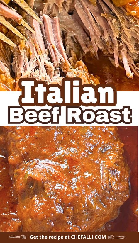 Italian beef roast simmered in tomato sauce with basil and oregano with a fork. Round Roast Recipe, Bottom Round Roast Recipes, Bottom Round Roast, Italian Roast Beef, Steak Sides, Beef Round, Beef Roast, Round Roast, Roast Beef Recipes