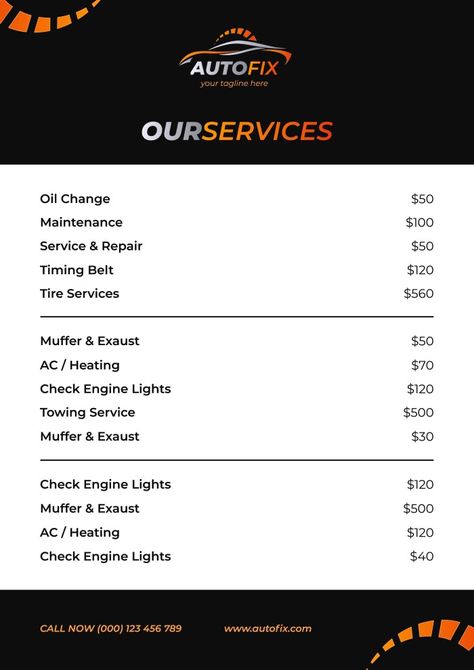 Gradient Professional AutoFix Mechanic Price List Free To Edit, Mobile Mechanic, Price List Template, Towing Service, Automotive Mechanic, List Template, Car Mechanic, Oil Change, Car Maintenance