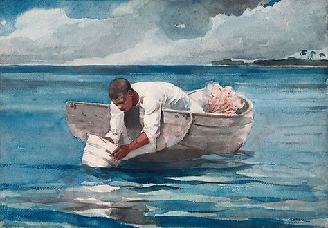 A work made of watercolor, with blotting and touches of scraping, over graphite, on thick, rough twill-textured, ivory wove paper. Homer Paintings, Winslow Homer Paintings, Classic Art Prints, Fan Poster, Winslow Homer, Poster Retro, Art Institute Of Chicago, Stock Paper, Retro Poster