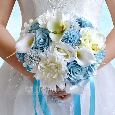 [£ 34.00] Elegant Round Satin/PE/Rhinestone/Silk linen Bridal Bouquets/Bridesmaid Bouquets (123090508) Beach Wedding Flowers Bouquet, Dahlia Bridal Bouquet, Hand Tied Bridal Bouquet, Creative Treats, Mums Wedding, Bridal Bouquet Blue, Silk Bridal Bouquet, Cheap Wedding Flowers, Crystal Bouquet