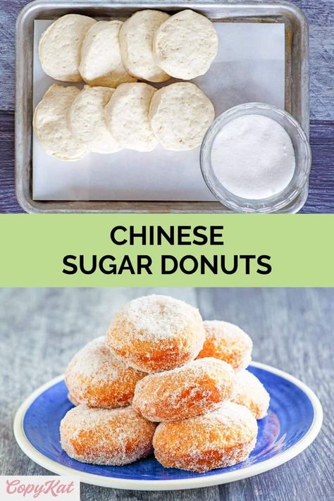 Love the sugar donuts at a Chinese buffet? Learn how to make the best Chinese sugar donuts at home with only 3 simple ingredients. Save this easy Chinese donut recipe to make a tasty dessert or treat. Chinese Fried Doughnut, Homemade Chinese Donuts Recipe, Chinese Sugar Biscuits, Chinese Donuts Air Fryer, Asian Donut Recipe, Chinese Fried Biscuits, Chinese Sweet Buns, Asian Doughnut, Chinese Doughnuts Recipe