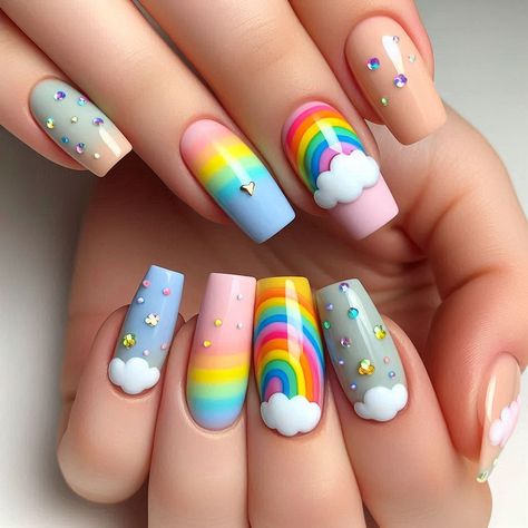 Nail Art Rainbow, Nail Art Designs For Summer, Rainbow Nail Art Designs, Paw Print Nails, Aesthetic Nail Art, Bright Summer Nails Designs, Disney Acrylic Nails, Nails Painted, Kids Nail Designs