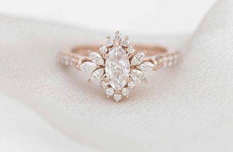 Gatsby Ring, Rose Gold Emerald Ring, Starburst Ring, Pear Moissanite Engagement Ring, Halo Moissanite Engagement Ring, Halo Wedding Ring, Gold Starburst, Gold Anniversary Rings, Wedding Ring For Women