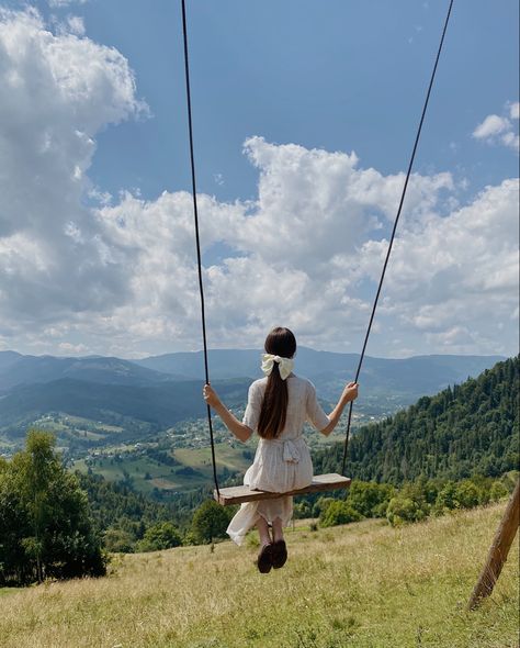 #bow #aesthetic #mountains #swing Swings In Forest, Swings Reference, Aesthetic Swingset, Swings Photography, Swinging Aesthetic, Swing Poses, Swing Aesthetic, Bow In Hair, Crispy Rolls