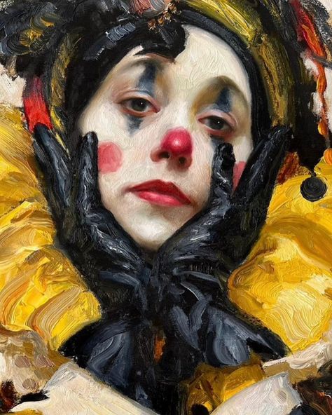 “Tired Jester” by Nihad Aghazadeh. Oil on canvas, 90/60 sm. The price is 3500 EURO including WW shipping. The role of Jester in Medieval times was very complicated. On the one hand, the Jester was the lowest rank on the King’s court. However, the jester could often speak frankly to the king and even ridicule him and never have any consequences for his actions. Traditionally, he had immunity from the punishment. It was considered a bad manner to punish or execute a Jester. As nobles could no... Female Court Jester, Medieval Jester Art, Medieval Court Jester, Jester Color Palette, Medieval Jester Aesthetic, Jester Pose Reference, Jester Medieval, Court Jester Aesthetic, Jester Pfp