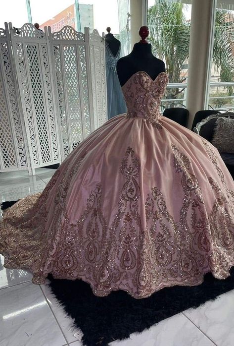 Dark Rose Gold Quinceanera Dresses, Baby Pink Quinceanera Dresses Mexican, Pink And Silver Quince Dress, Coquette Quince Dress, Elegant Quince Dresses Pink, Quinceanera Dresses Glittery, Quince Dresses Pink And Gold, Rose Gold Xv Dresses, Rose Gold Quinceanera Dress