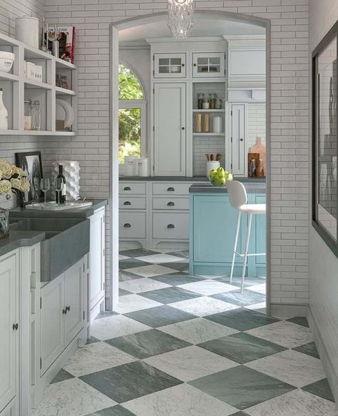 Where to use the checkerboard floor trend in your home - Farmhousehub Checkerboard Floor Kitchen, Checkered Floor Kitchen, Checkerboard Floor, Luxury Tile, Artistic Tile, Tile Showroom, Flooring Trends, Black And White Tiles, Tiles Design