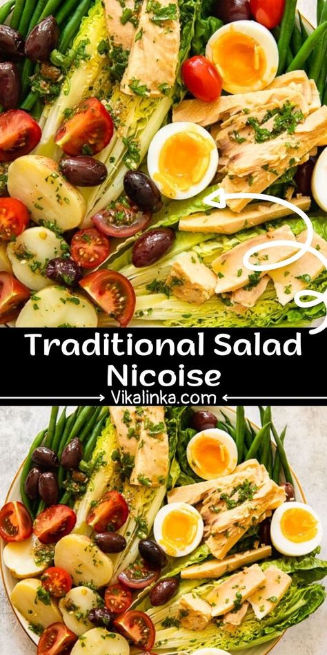 Salad Nicoise, loaded with tuna, green beans, new potatoes and eggs, is such a great way to add flavour and sustenance to your greens! Start with this traditional recipe, which can be adjusted in so many different ways to suit your personal taste. Green Beans New Potatoes, Nicoise Salad Dressing, Traditional Salad, Salad Options, Salad Nicoise, French Cooking Recipes, Potatoes And Eggs, Nicoise Salad Recipe, Tuna Nicoise Salad