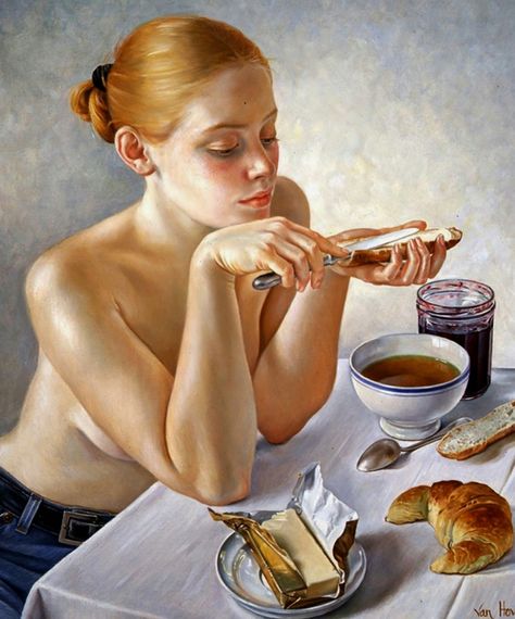 Nothing better then a warm croissant and a cup of coffee in the morning. Painting by Francine Van Hove. French Artists, Figurative Art, Female Art, A Table, Pin Up, Painter, Contemporary Art, A Woman, Art Gallery