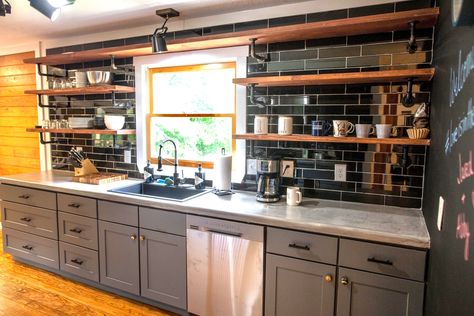 No Cabinet Kitchen Open Shelving, Kitchen With No Cabinets, Kitchens With No Upper Cabinets, No Upper Cabinets Kitchen, Open Kitchen Bar, Kitchen With No Upper Cabinets, Small Modular Kitchen Design, Kitchen No Upper Cabinets, Gray Kitchen Ideas