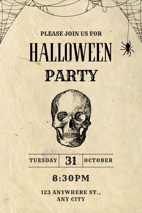 Customizable Halloween Party Invitation, Printable Halloween Party Invitation, Skeleton, Vintage, Adult Invitation, Instant Download, Canva  #white #halloween #black #party #invitation #skeleton #vintage #adultinvitation #digitaldownload Skeleton Vintage, Halloween Party Printables, Halloween Party Invitation, White Halloween, Printable Halloween, Halloween Party Invitations, Halloween Invitations, Halloween Black, Invitation Printable