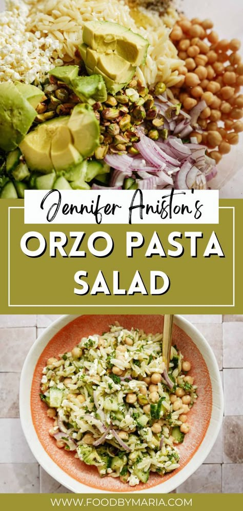 This orzo pasta salad was all the craze in the 90’s when Jennifer Aniston was playing the famous Rachel on Friends! I wanted to see what all the hype was about and decide to make it myself, with a few tweaks of course. This 5-step salad is so easy to make and only needs a handful of ingredients. Enjoy! Jennifer Aniston Salad With Orzo, Orzo Summer Pasta Salad, Vegetarian Cold Pasta Recipes, Orzo Pasta Salad Vegan, Easy Orzo Pasta Salad, Rachel Salad Friends, Healthy Pasta Salads Cold, Vegan Orzo Salad Recipes, Healthy Veggie Pasta Salad