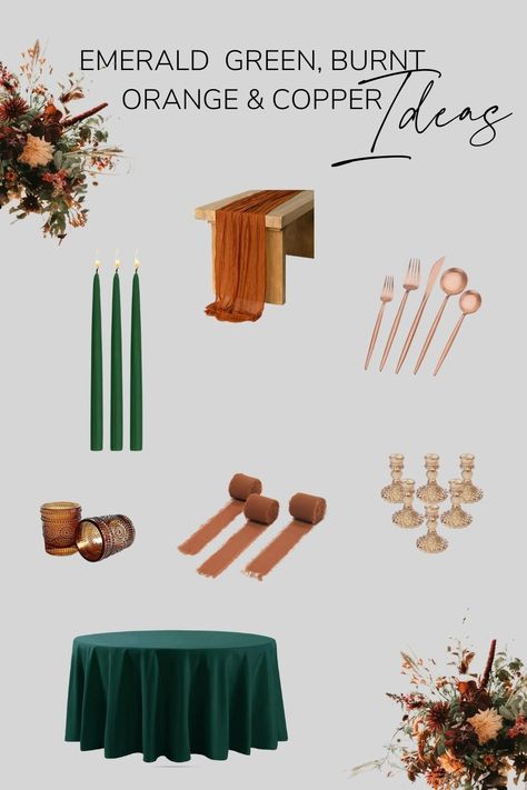 Emerald Green And Copper Wedding, Emerald And Terracotta Wedding, Green And Copper Wedding, Burnt Orange Weddings Decorations, Copper Wedding Theme, Green Wedding Palette, Copper Wedding Decor, Emerald Green Wedding Theme, Orange Wedding Decorations