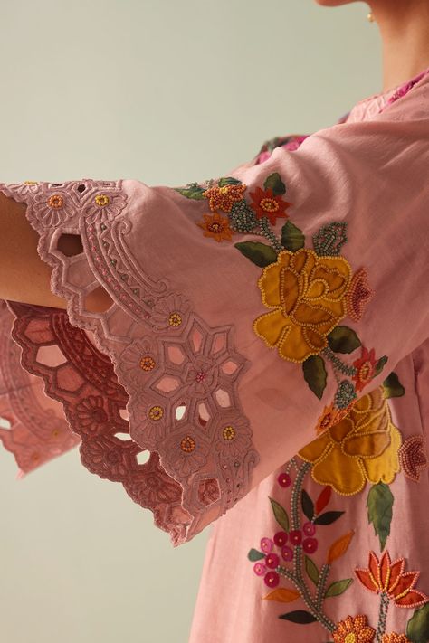 Buy Pink Chanderi Applique Embroidered Beads Round Kurta And Pant Set For Women by Chandrima Online at Aza Fashions. Bohemian Decorating, Embroidered Beads, 2024 Ideas, Embroidery On Kurtis, Rose Applique, Cutwork Embroidery, Sleeves Designs For Dresses, Suits Design, Flowers Fabric