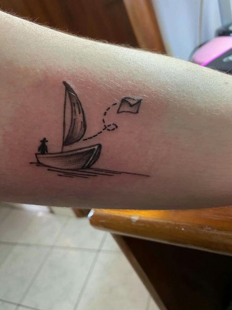 Sailboat Tattoo Men, Lifeboat Tattoo, Small Boat Tattoo, Sailing Tattoo, Boat In A Bottle, Sailboat Tattoo, Dinghy Boat, Boat Tattoo, Sky Tattoos