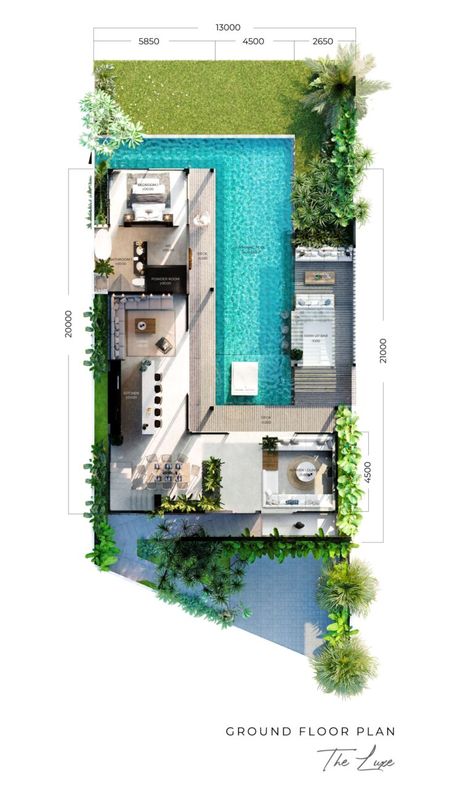 Tropical Villa Plan, Resort Plans Architecture, One Floor Villa Design, Pool Villa Design Architecture, Tropical Villa Floor Plan, Villa Layout Plan Design, Tropical House Plans Layout, House With Pool Plans, Tropical House Layout