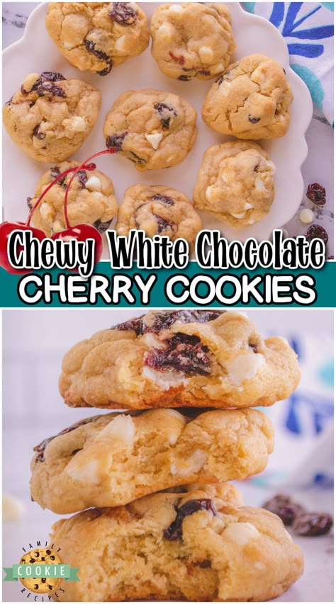 Cherry Pretzel White Chocolate Cookies, White Chocolate Cherry Macadamia Nut Cookies, Dried Cherry White Chocolate Chip Cookies, Strawberry White Chocolate Chip Cookies Recipe, White Chocolate Chips Cookies, White Chocolate Cherry Shortbread Cookie, Cherry White Chocolate Chip Cookies, Dried Cherry Cookies Recipes, Dried Cherries Recipes Baking