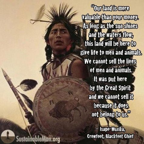 "Our land is more valuable than your money. As long as the sun shines and the water flow, this land will be here to give life to [humankind] and animals. We cannot see the lives of [humankind] and animals. It was put here by the Great Spirit and we cannot sell it because it does not belong to us." -Isapo-Muxika, Crowfoot Blackfoot Chief Native Wisdom, Native American Proverbs, Indian Wisdom, Native Quotes, American Indian Quotes, The Great Spirit, Native Beauty, American Proverbs, Native American Prayers