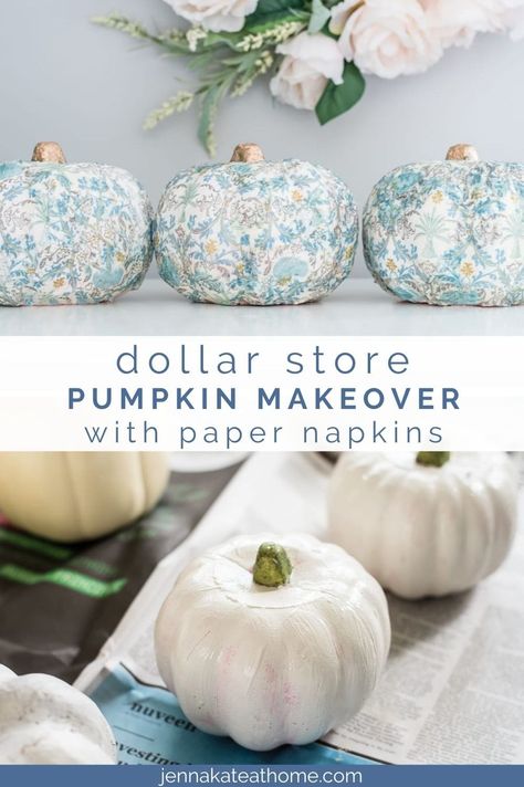 A dollar store pumpkin makeover that you're going to want to use in your fall decorating this season! Dollar Store Pumpkin, Pumpkin Makeover, Decoupage Pumpkins, Thrift Ideas, Fall Crafts For Adults, Craft Pumpkins, Dollar Tree Pumpkins, Fall Pumpkin Crafts, Mod Podge Crafts