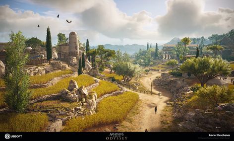 ArtStation - Assassin's Creed Odyssey, Xavier Deschenes Fantasy Farmland, Ac Odyssey, Assassin's Creed Odyssey, Castle Drawing, Farm Land, Assassins Creed Odyssey, Fantasy City, White Mountains, Daily Drawing