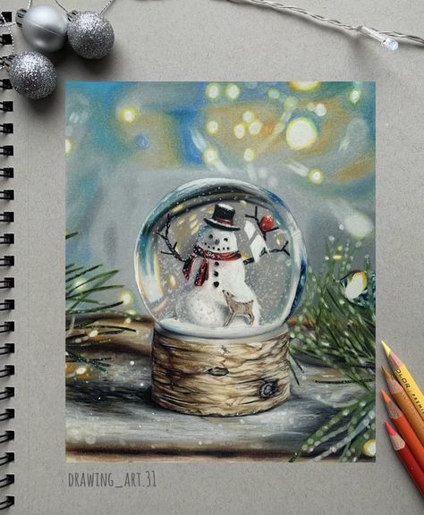 Christmas Realistic Art, Snow Globe Drawing Realistic, Winter Drawings Colored Pencil, Christmas Art Colored Pencil, Christmas Colour Pencil Drawing, Christmas Drawing Ideas Realistic, Christmas Prismacolor Drawing, Color Pencil Christmas Drawings, Christmas Drawing Colored Pencil