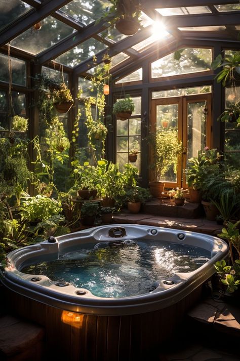 Hot Tub Conservatory, Green House With Bath Tub, Hot Tub Inside Greenhouse, Dream Backyard With Hot Tub, Homestead Hot Tub, Solarium With Hot Tub, Sunroom Hot Tub Ideas, Hot Tub Solarium, Hot Tub Plants Around