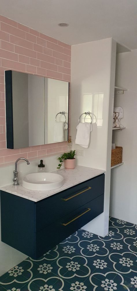 Navy Blue Pink Bathroom, Navy Blue And Blush Bathroom, Pink Blue Bathroom Ideas, Pink Navy Bathroom, Mauve And Navy Bathroom, Pink And Navy Blue Bathroom, Navy Pink Bathroom, Pink And Teal Bathroom Ideas, Navy And Pink Bathroom Ideas