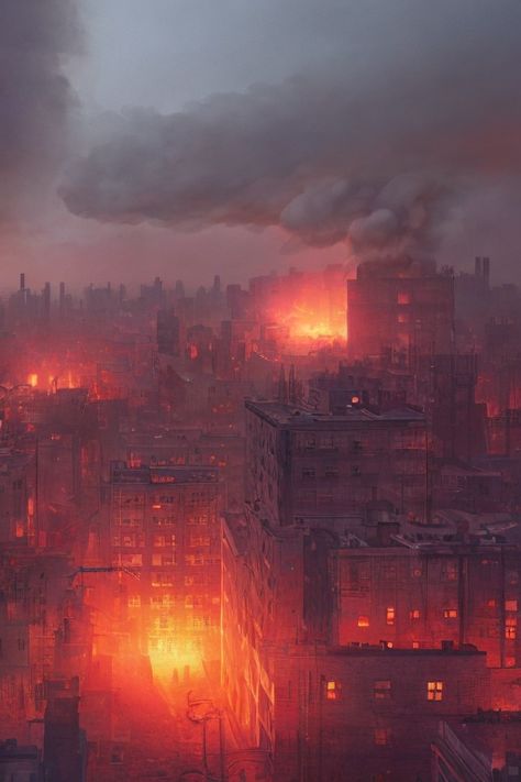 City Of Dis, Dangerous City Aesthetic, City Burning Drawing, Burnt Down City, City Destroyed Art, City On Fire Aesthetic, City On Fire Art, World Burning Aesthetic, Burning City Aesthetic