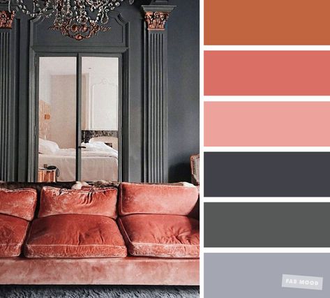 The best living room color schemes - Grey and Terracotta Color Palette , coral velvet #color #colorscheme Grey And Terracotta, Terracotta Living Room, Coral Living Rooms, Good Living Room Colors, Terracotta Color Palette, Velvet Decor, Color Palette Living Room, Rustic Farmhouse Living Room, Terracotta Color