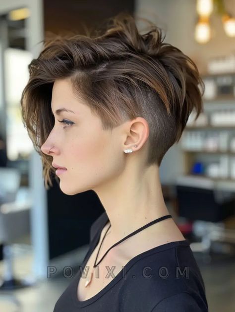 Back Undercut Women, Women Undercut Short Hair, Short Hair Undercut Women Shaved Sides, Undercut Curly Hair Woman, Bob For Long Face, Pixie Bob With Undercut, Short Edgy Bob, Woman Undercut, Long Pixie With Undercut