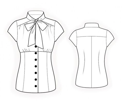 Blouse With A Bow Collar - Sewing Pattern #4748 Made-to-measure sewing pattern from Lekala with free online download. Fitted, Princess seams, Gathers, Buttoned Blouse Illustration, Blouse Drawing, Pola Blus, Collar Sewing, Blusas Top, Sewing Blouses, Plus Size Patterns, Clothing Sketches, Girl Dress Patterns