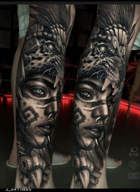 Female Mayan Warrior Tattoo, Mayan Woman Tattoo, Aztec Leg Sleeve Tattoo, Aztec Headdress Tattoo, Aztec Warrior Princess Tattoo, Aztec Princess Tattoo Goddesses, Aztec Girl Tattoo, Aztec Woman Tattoo, Aztec Warrior Tattoo Men