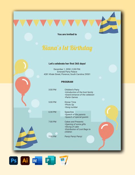 Birthdays Party Program Template Birthday Program Ideas, Party Program Template, Birthday Party Program, 7th Birthday Party For Boys, Party Agenda, Birthday Party Images, Minnie Birthday Party, Birthday Party Background, Birthday Clips