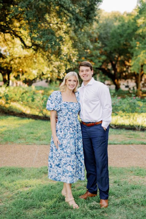 Rice Unversity Egagement Session Outfits  Blue & White Floral Print Dress with Puff Sleeves White Button-Up with Navy Blue Slacks Engagement Photos Outfits Blue Dress, Navy Blue Slacks, Blue Slacks, White Photoshoot, Rice University, Centerpieces Diy, White Floral Print Dress, Yacht Club Wedding, Dress Code Wedding